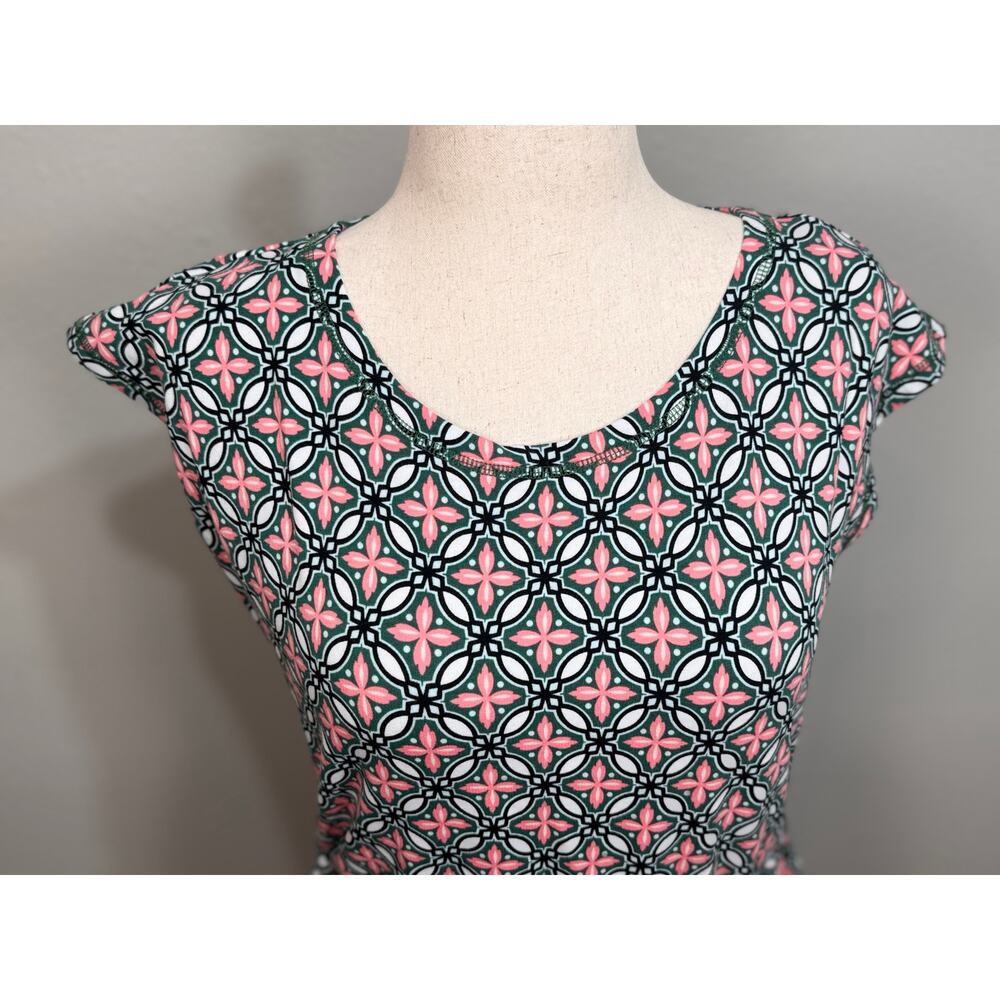 Talbots dress knit green white pink pattern cap sleeve scoop neck self tie Sz M - Picture 2 of 10